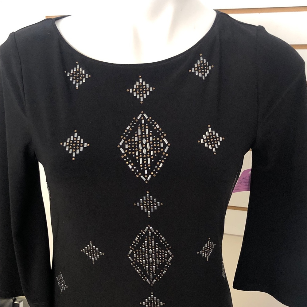 White House Black Market Elegant Black Dress with Silver & Gold Accents